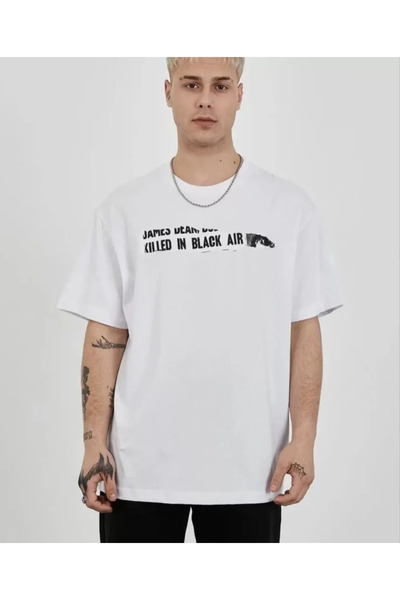 JANES Tricou alb unisex cu imprimeu oversize cu guler rotund