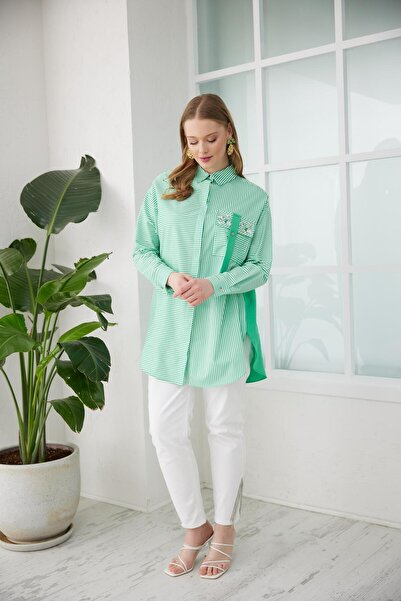 Moodbasic Cebi Pullu Çizgili Gömlek - Yeşil