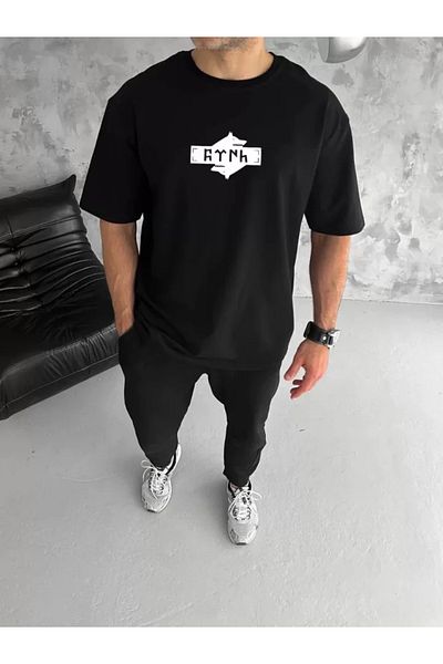 modaserdem Μπλουζάκι Unisex Crew Neck με στάμπα διπλό Oversize - Μαύρο