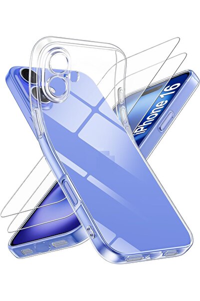 Evax (2 CAM + 1 KILIF) iPhone 16 Uyumlu 1 Şeffaf Silikon Kılıf + 2 Cam Ekran ...