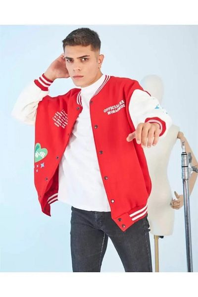 Moka Shopin Mokashopin Men's Oversize College Jacket with Sleeves and Star Back Print - Red