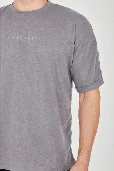 modaserdem Unisex Ζακάρ ύφασμα Άνετο μπλουζάκι με μανίκια - Γκρι