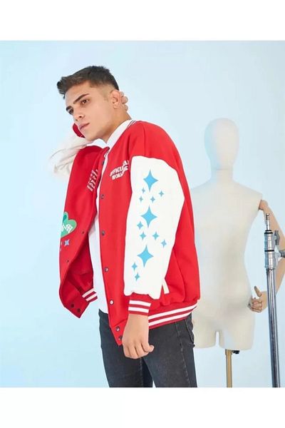 Moka Shopin Mokashopin Men's Oversize College Jacket with Sleeves and Star Back Print - Red