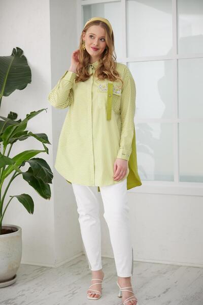 Moodbasic Cebi Pullu Çizgili Gömlek - Asit Sarısı