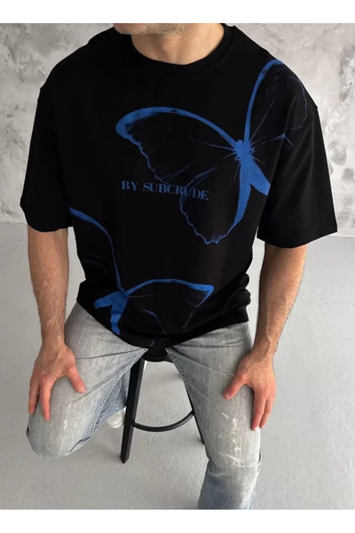 JANES Tricou oversize cu imprimeu unisex cu guler rotund - negru