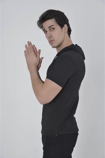 Moka Shopin Ανδρικό T-shirt MokaShopin με κουκούλα Slim Fit - Μαύρο
