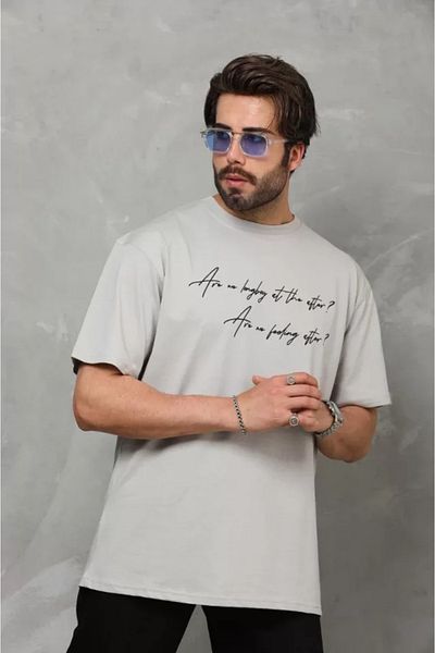 modaserdem Γκρι μπλουζάκι Unisex Oversize Crew Neck με στάμπα