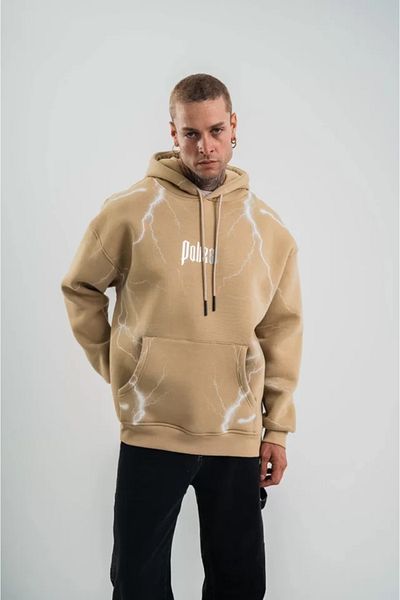 modaserdem Μπλουζάκι με κουκούλα σε μπεζ διπλό Oversize Lightning Printed