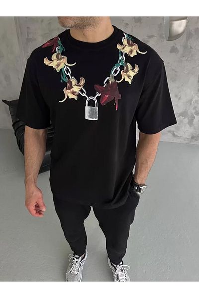 New Shine Μπλουζάκι Unisex Crew Neck Printed Oversize - Μαύρο