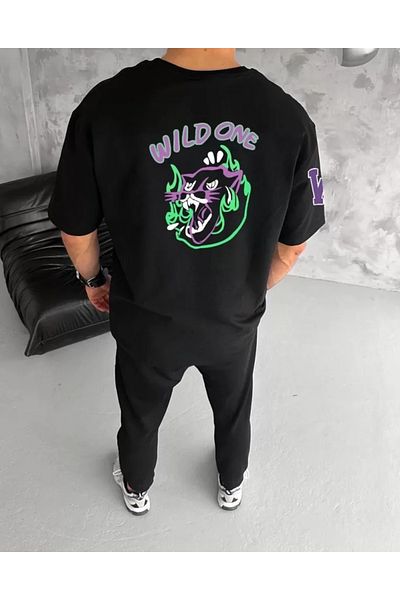 New Shine Μπλουζάκι Unisex Crew Neck Printed Oversize - Μαύρο