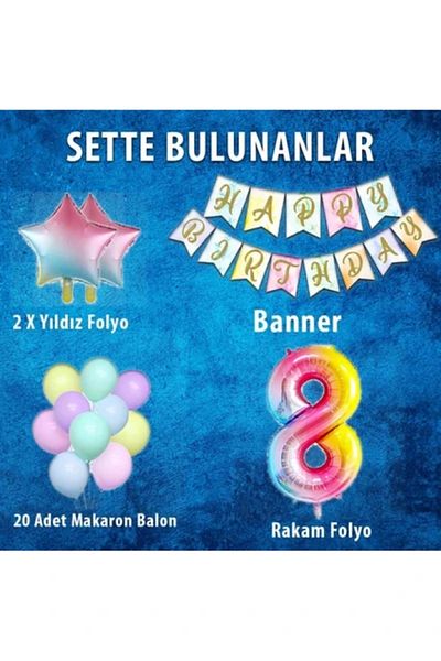 BALON DİYARI Rainbow Concept 8Th Birthday Party Celebration Set Number and Star Foil Banner and Macaron Balloon