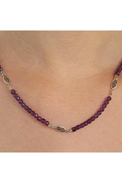 Nusret Takı 925 Ayar Gümüş Ametist Taşlı Telkari Top Kolye