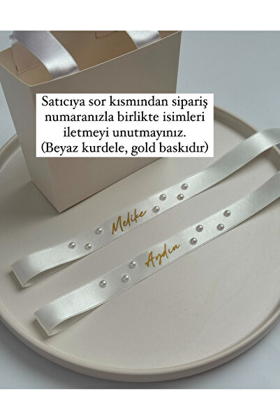 Huyendo Kurdele Üzeri İncili Söz Nişan Yüzük Kurdelesi Beyaz (2cm en)