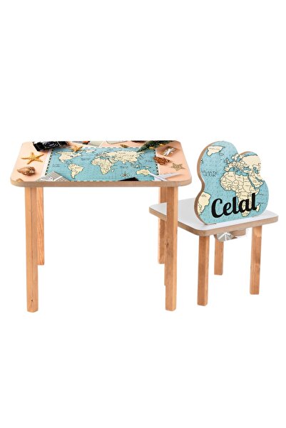 wudie Atlas İsme Özel Çocuk Masa Ve 1 Sandalye Takımı Aktivite Masası Mobilya...