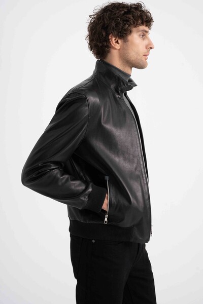 Lebeni Erkek Siyah Hakiki Deri Klasik Bomber Ceket - Yüksek Yaka Fermuarlı Ge...