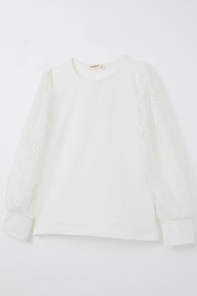 Breeze 8-12 Years Old Girl's Lace Detailed Long Sleeve T-Shirt - Ecru