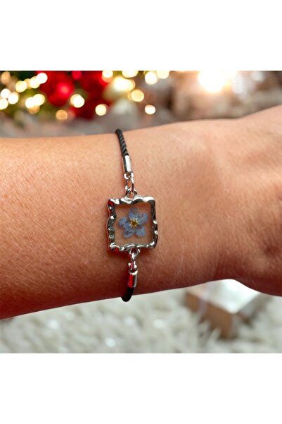 maycollection Gerçek Mavi Beni Unutma Çiçeği Siyah İpli Ayarlanabilir Ölçülü Tasarım Epoksi Bileklik