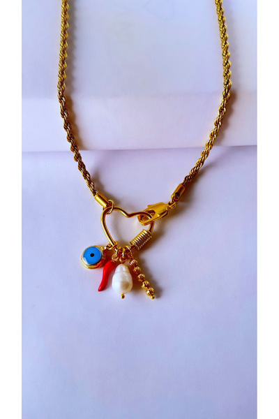 jewine studio Çelik Burgu Zincir ve Charm Tasarım Kolye