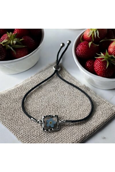 maycollection Gerçek Mavi Beni Unutma Çiçeği Siyah İpli Ayarlanabilir Ölçülü Tasarım Epoksi Bileklik