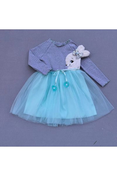 Skygo Defnada 5-6-7 Years Old Plush Rabbit Patterned Ribbon Belted Lined Girl's Tutu Dress
