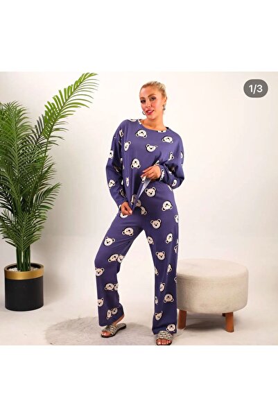 Moda Banuş Pandalı Mavi Uzun Kollu Pijama Takımı
