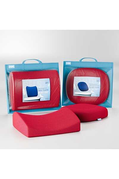 FOM Smith Ve Bels Visco Anatomik Oturma Simidi Ve Bel Destek Yastık Ofis Seti, Ortopedik, Kırmızı