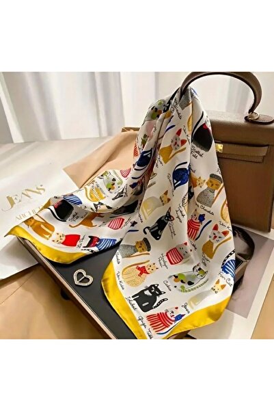 Dgt Luxury Boho Chic Cat Printed Silk Satin, Αντιανεμικό, Εκτύπωση διπλής όψης, Σάλι, Μαντήλι, Κασκόλ 70x70