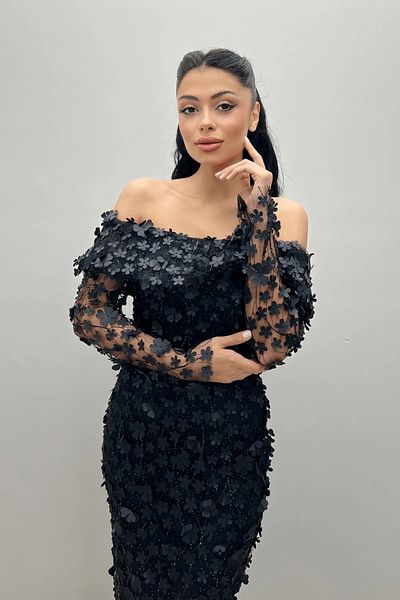 Bersi Butik Φόρεμα Τριών Μεγεθών Floral Υφασμάτινο Μολύβι Λαιμού - ΜΑΥΡΟ