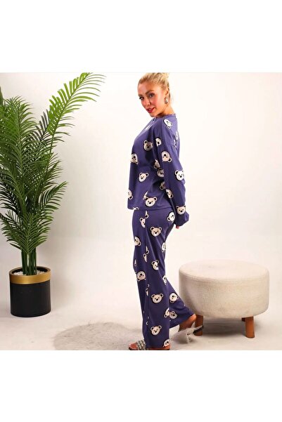 Moda Banuş Pandalı Mavi Uzun Kollu Pijama Takımı