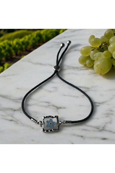 maycollection Gerçek Mavi Beni Unutma Çiçeği Siyah İpli Ayarlanabilir Ölçülü Tasarım Epoksi Bileklik