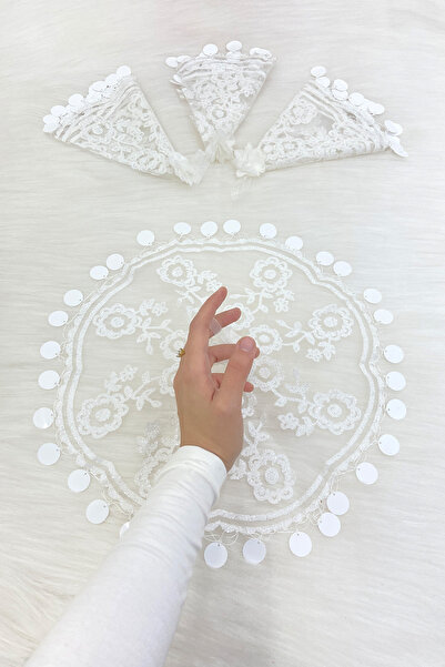 ZEYMERADE Beyaz Gelin Damat Mendili, Simli Flok Baskılı Pullu, Düğün Kına Hal...