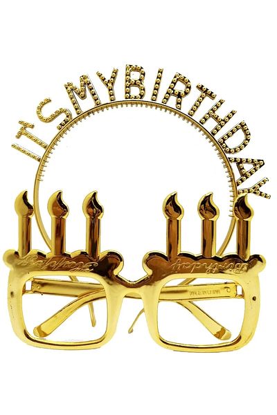 Afrodit Giyim IT39S My Birthday Written Crown and Candle Shaped Glasses Set Gold Color