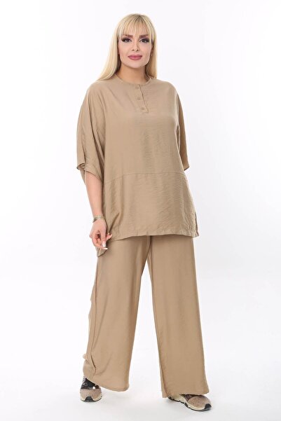 Mia Butik Plus Size Beige Round Neck Casual Suit