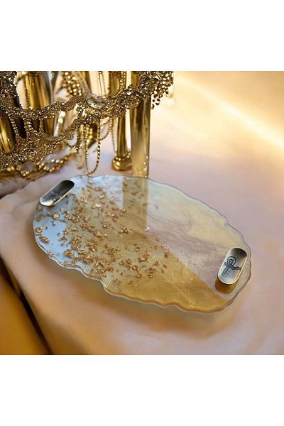 Home Epoxy Tray with Yellow Tuğra and Gold Leaf - 24 cm Length