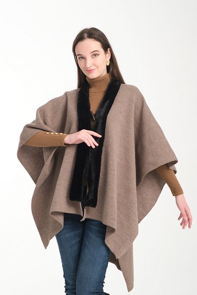 Wega Moda Fur Collar Knitwear Poncho, Women's Fur Detailed Poncho, Furry Knitwear Poncho, Furry Button Detailed Poncho