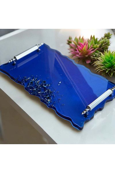 Home Epoxy Resin Blue Color Evil Eye Beaded Tray - Width: 18 cm Length: 29 cm