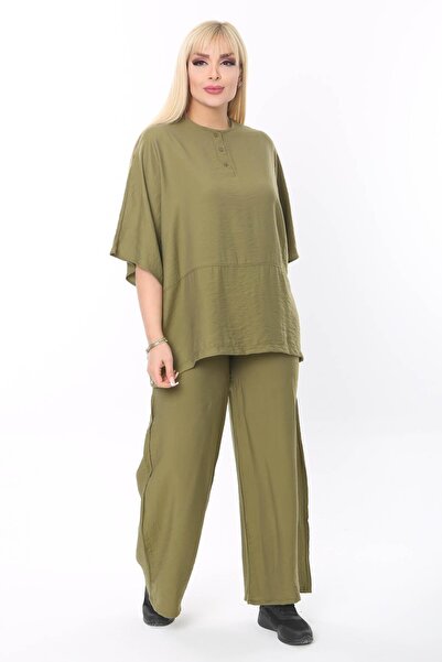 Mia Butik Plus Size Khaki Round Neck Casual Suit