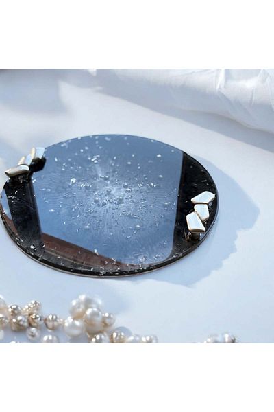 Home Epoxy Resin Tray - Black with Silver Foil and Pearls - Diameter: 30 cm