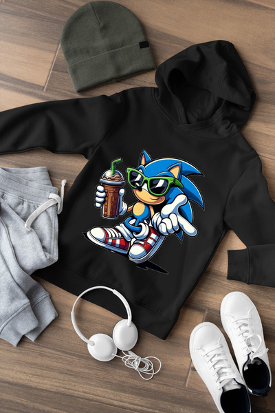 MAGORS سويت شيرت للأطفال بغطاء للرأس مطبوع عليه سونيك مع نظارات 3 خيوط بدون جيب