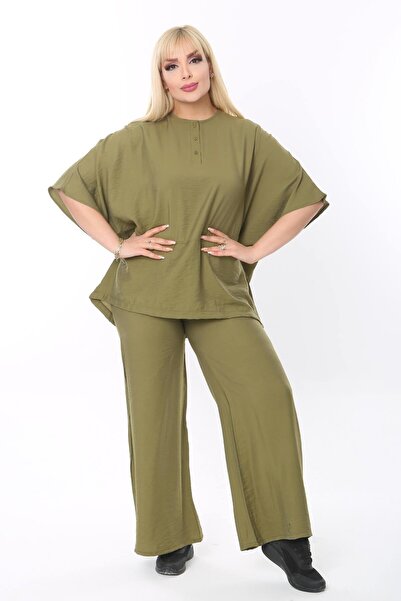 Mia Butik Plus Size Khaki Round Neck Casual Suit