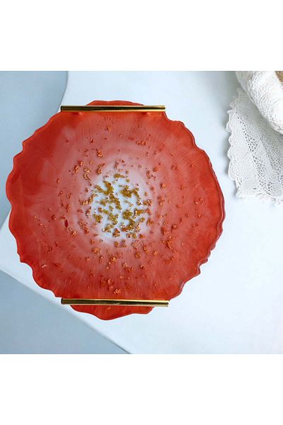 Home Epoxy Resin Orange Tray with Gold Leaves - Diameter: 30 cm