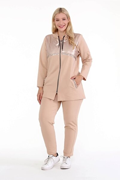 Mia Butik Women's Plus Size Cream Leather Look Tracksuit Set
