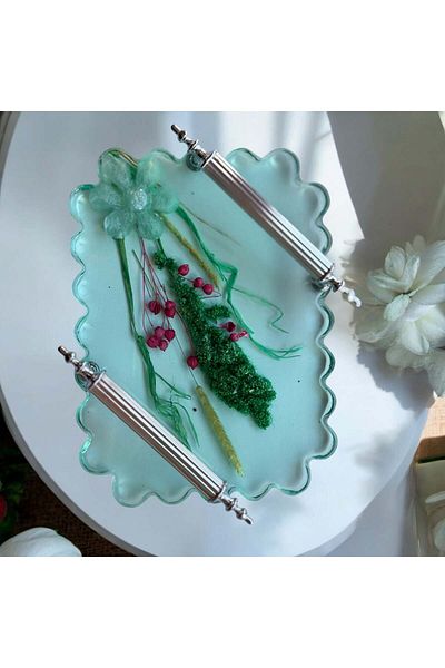 Home Epoxy Resin Jewelry Tray - Dried Green Flowers - Width: 19 cm Length: 15 cm