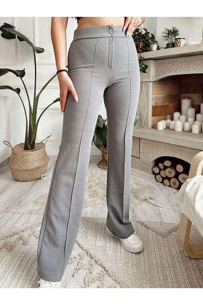 GRİLAND Women's Gray Crepe Fabric Lycra Front Turned Flared Leg Palazzo Trousers