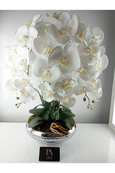 Palpe Metal Saksıda 6 Dal Beyaz Orkide Yapay Çiçek Kız İsteme Nişan Sevgili A...