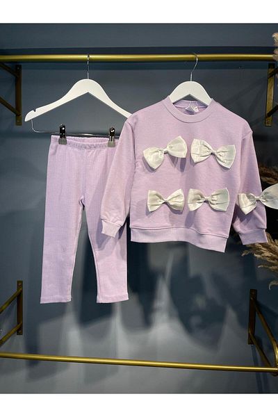 Zuzu Lilac Bow Detailed Cotton Children's Double Set