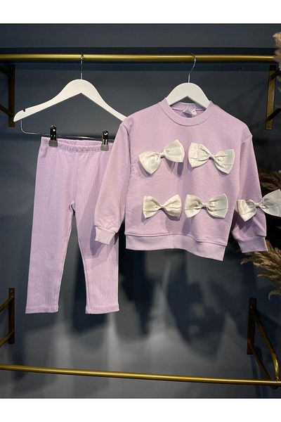 Zuzu Lilac Bow Detailed Cotton Children's Double Set