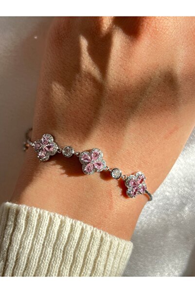 Lavienta Gümüş Asansörlü Pembe Zirkon Taşlı Çiçek Model VIP Bileklik