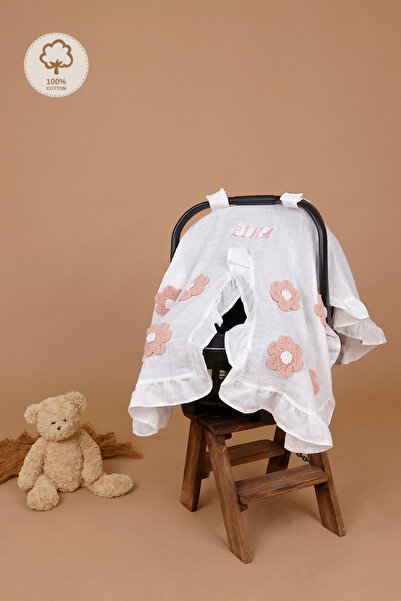 JUNİPERUS Kişiye Özel Nakışlı Fırfırlı Müslin Puset Örtüsü İsime Özel Anakucağı Örtüsü Oeko-Tex Sertifikalı