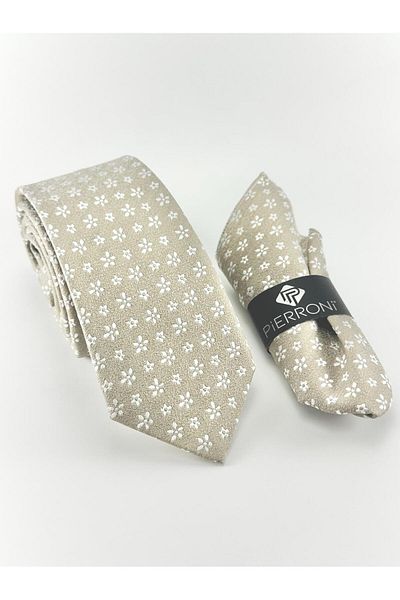 PİERRONİ Beige and White Patterned Handkerchief Tie